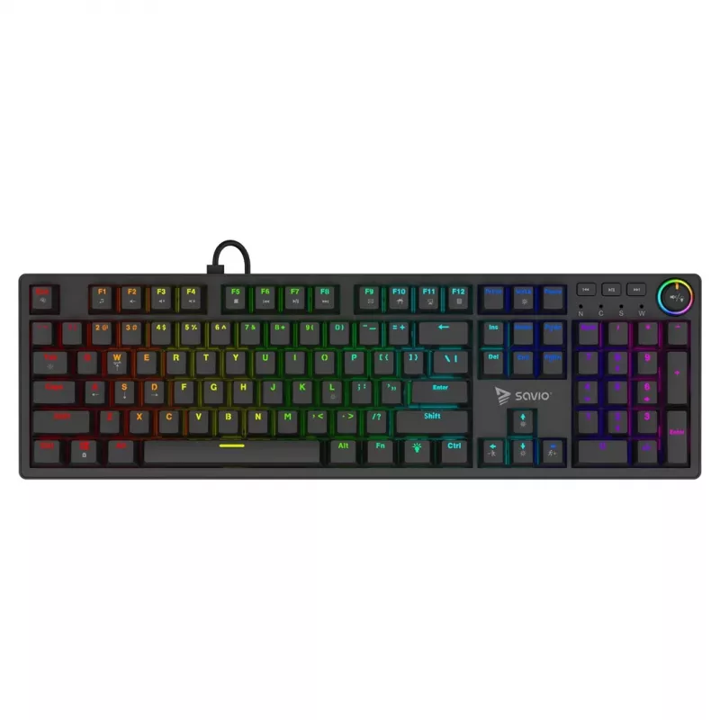 Žaidimų klaviatūra SAVIO STYX BROWN – mechaninė Outemu Brown, QZERTY US International, RGB, USB, pilno dydžio 104 klavišai, juoda