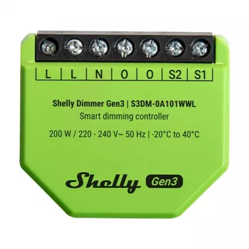 Įmontuojamas reguliatorius Shelly Dimmer Gen3 – LED max 150W, Halogen max 200W, 220–240V, belaidis, juoda/laimo