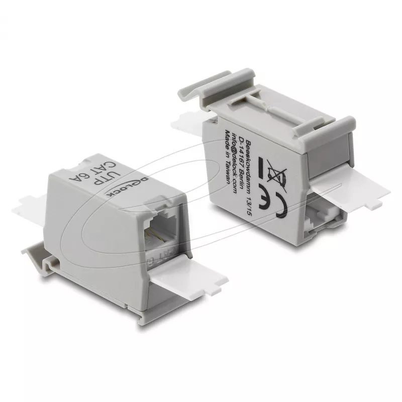 RJ45 jungtis DELOCK Cat.6A dviguba lizdas-lizdas, skirta montavimui ant DIN bėgio, pilka