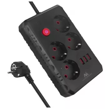 Maitinimo blokas MACLEAN MCE392 B — 4 lizdai, 3×USB, 110–240V, 2.1A, 2500W, 1,5 m laidas, juodas