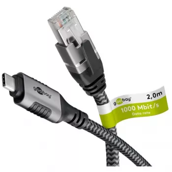 Ethernet kabelis USB-C 3.2 Gen2 kištukas > RJ-45 kištukas, LAN adapteris juodas/sidabrinis, 2 m, pintas tekstilinis apvalkalas