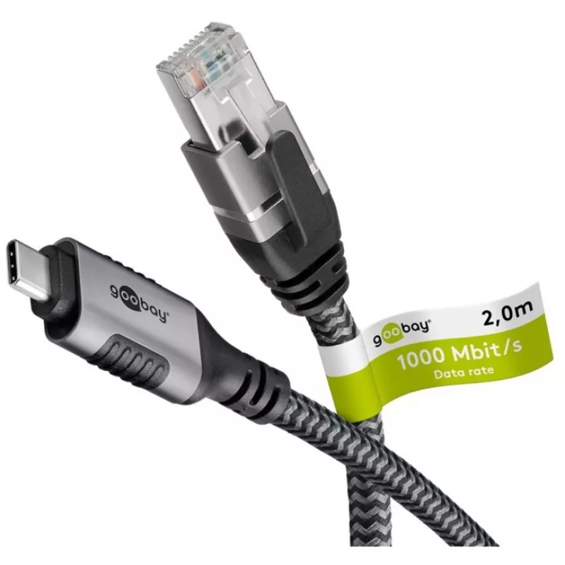 Ethernet kabelis USB-C 3.2 Gen2 kištukas > RJ-45 kištukas, LAN adapteris juodas/sidabrinis, 2 m, pintas tekstilinis apvalkalas