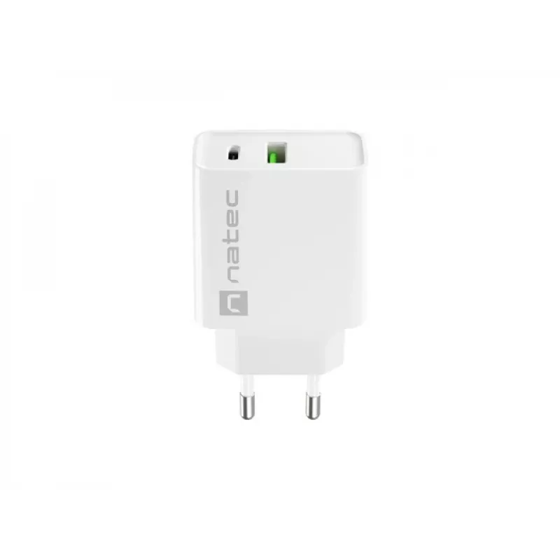 Patalpų kintamosios srovės greitasis įkroviklis NATEC RIBERA 12V 20W USB-C PD 3.0 + USB-A Samsung AFC Baltas