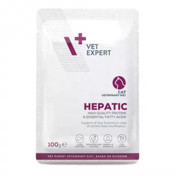 Šlapias kačių ėdalas VETEXPERT Hepatic Chicken 100 g – veterinarinė dieta kepenų funkcijai palaikyti, suaugusioms katėms