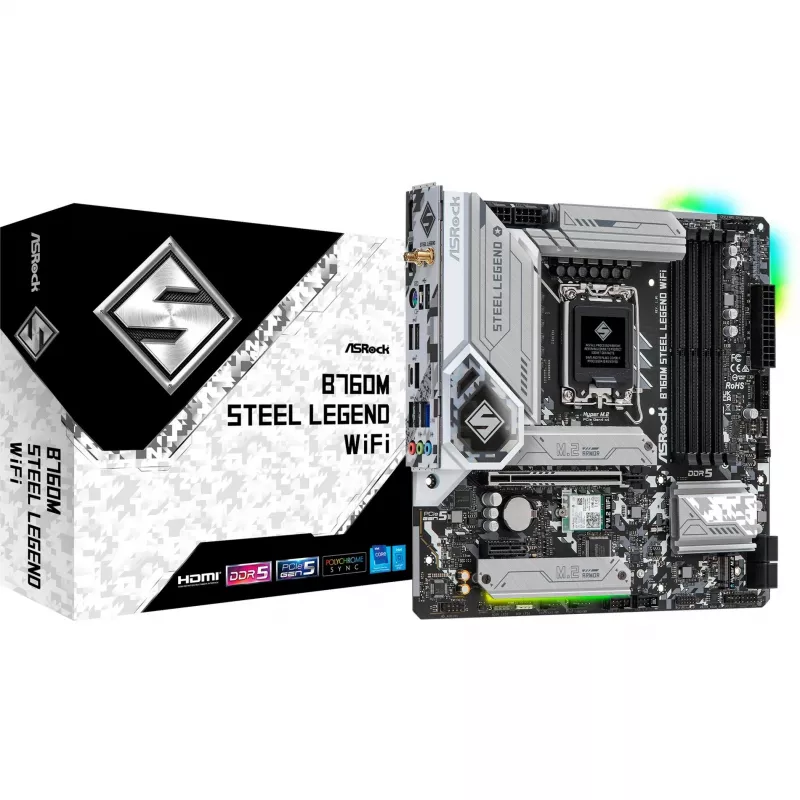 Motininė plokštė ASRock B760M Steel Legend WiFi — Intel B760, LGA 1700, micro ATX, DDR5, 4 DIMM, 128GB, Wi‑Fi 6E, 2.5Gb LAN