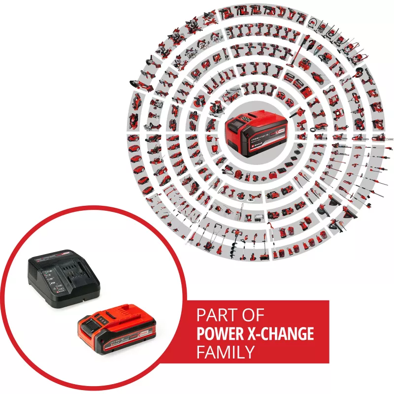 Belaidis plaktukinis gręžtuvas EINHELL Power X-Change TE‑HD 18 Li, 18V, Li‑Ion 4.0 Ah Plus, su grąžtų ir kaltų rinkiniu