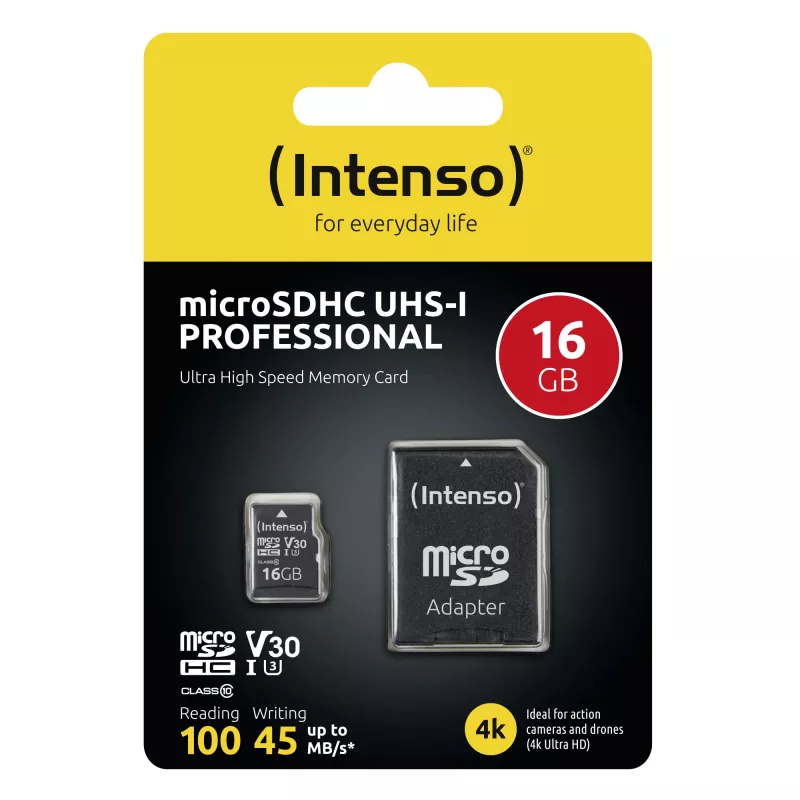 Intenso 3433470 microSDHC 16GB C10/UHS-I/U3/V30 atminties kortelė su SD adapteriu