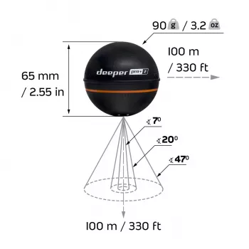 Nešiojamas žvejybinis sonaras Deeper Smart Sonar PRO+ 2, 2 sonaro spinduliai, 675 kHz, 100 m diapazonas, 65×65×65 mm, Li‑Ion 950 mAh