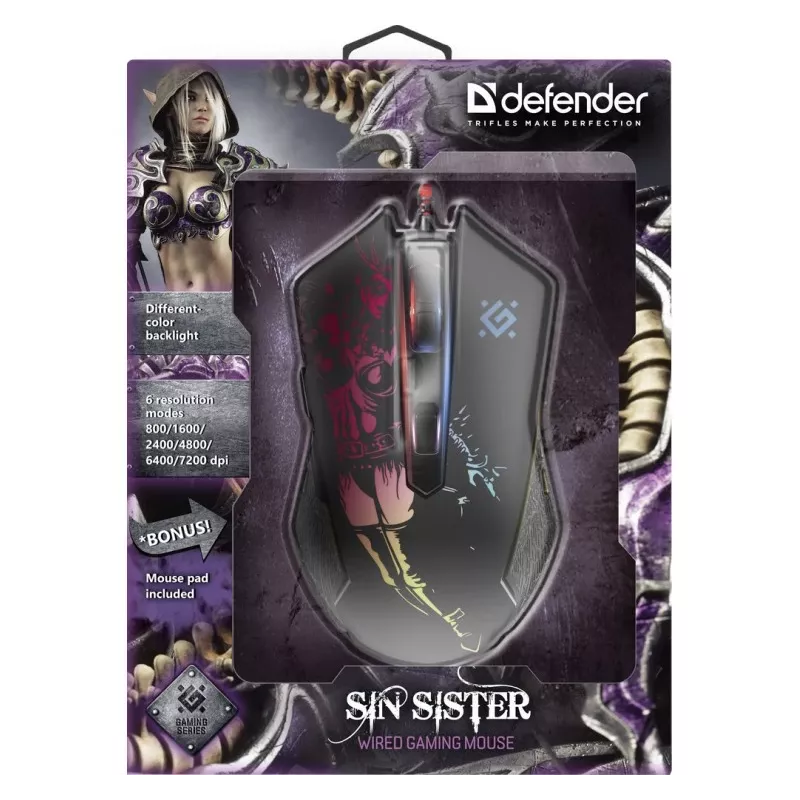 Žaidimų, optinė, laidinė pelė DEFENDER GM-933 SIN'SISTER 7200dpi 6P RGB