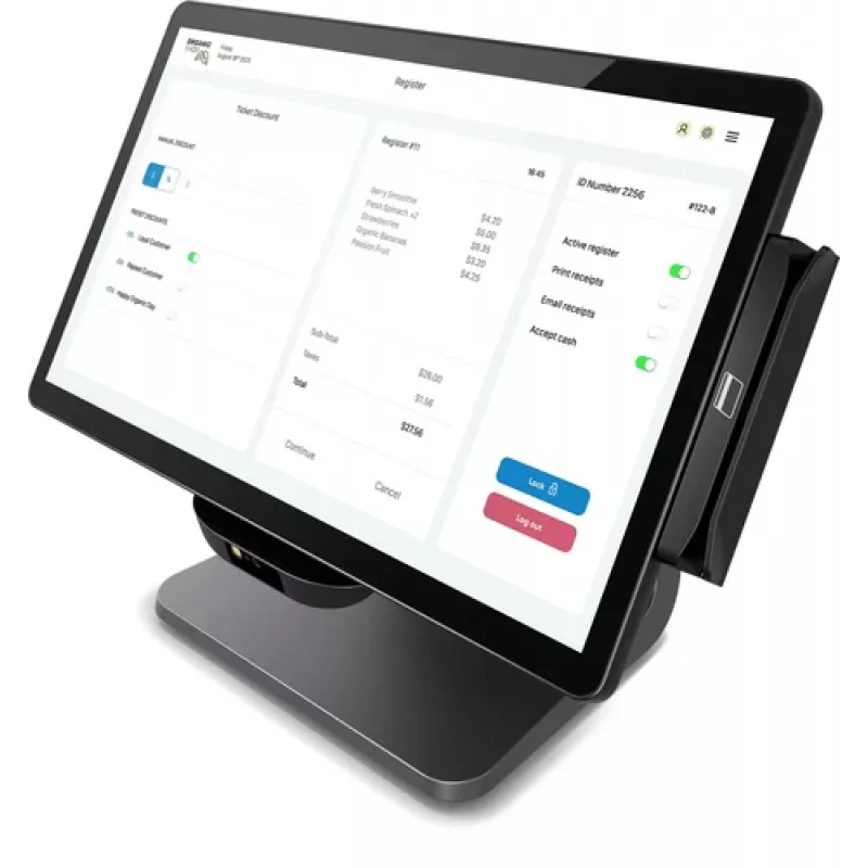 Elo E-Series 3 POS sistema, 8 GB RAM, 128 GB SSD, WiFi, 39,6 cm (15,6 colio), Full HD, USB, USB-C, RS232, BT, Ethernet, Intel Celeron, juoda
