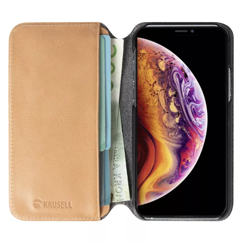 Dėklas-piniginė Krusell Sunne, Apple iPhone 11 Pro Max, vintage nude, odinis, su kortelių kišenėmis