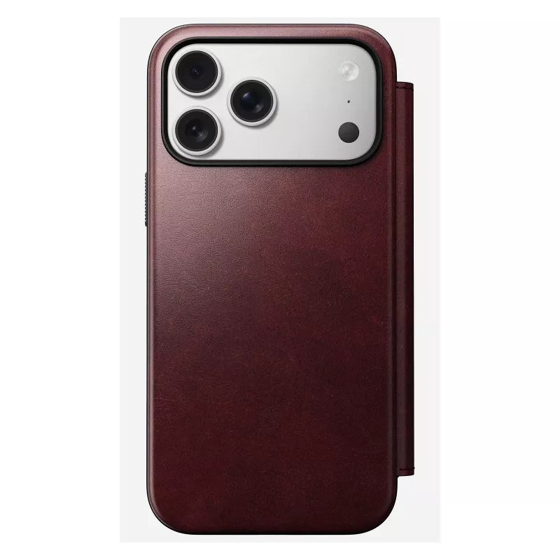 Mobilaus telefono dėklas Nomad Modern Leather Folio, skirtas iPhone 17 Pro Max – oda, TPU, PC, aliuminis, bordo spalvos, 16 cm (6,3 colio)