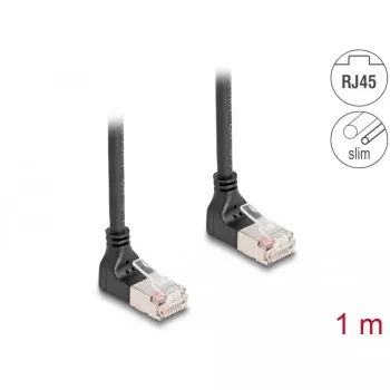 Tinklo kabelis DeLOCK RJ45 Cat.6A S/FTP Slim 90° Aukštyn 1m Juodas