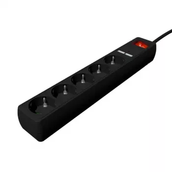 Gembird SPG5-U2-5-02 ilgintuvas su USB įkrovikliu, 5 kištukiniai lizdai, 1,5 m, 2x USB, juodas