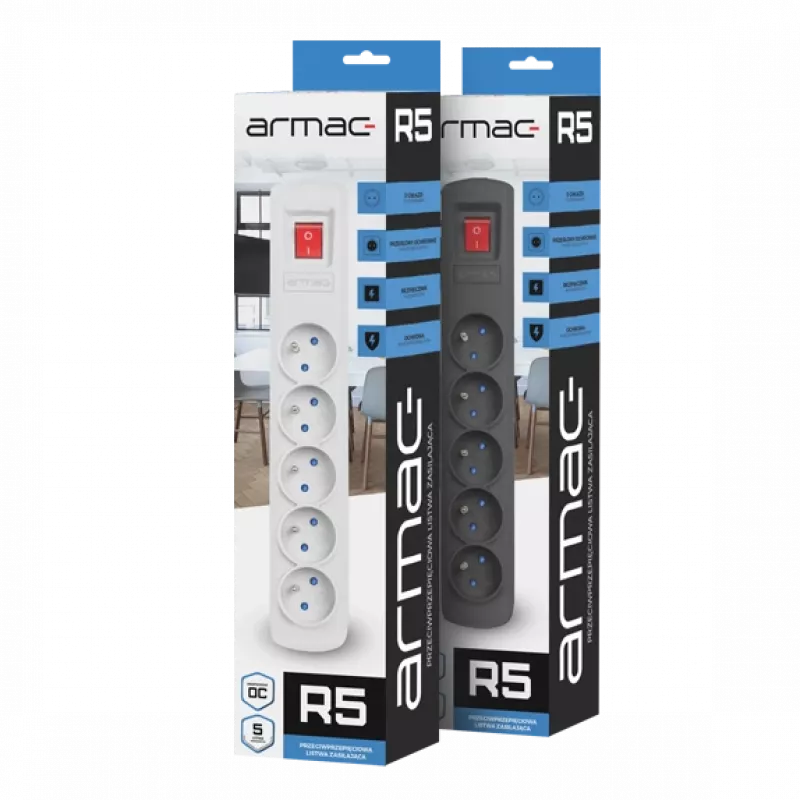 Maitinimo blokas ARMAC R5 — 5 lizdai, 5 m laidas, juodas