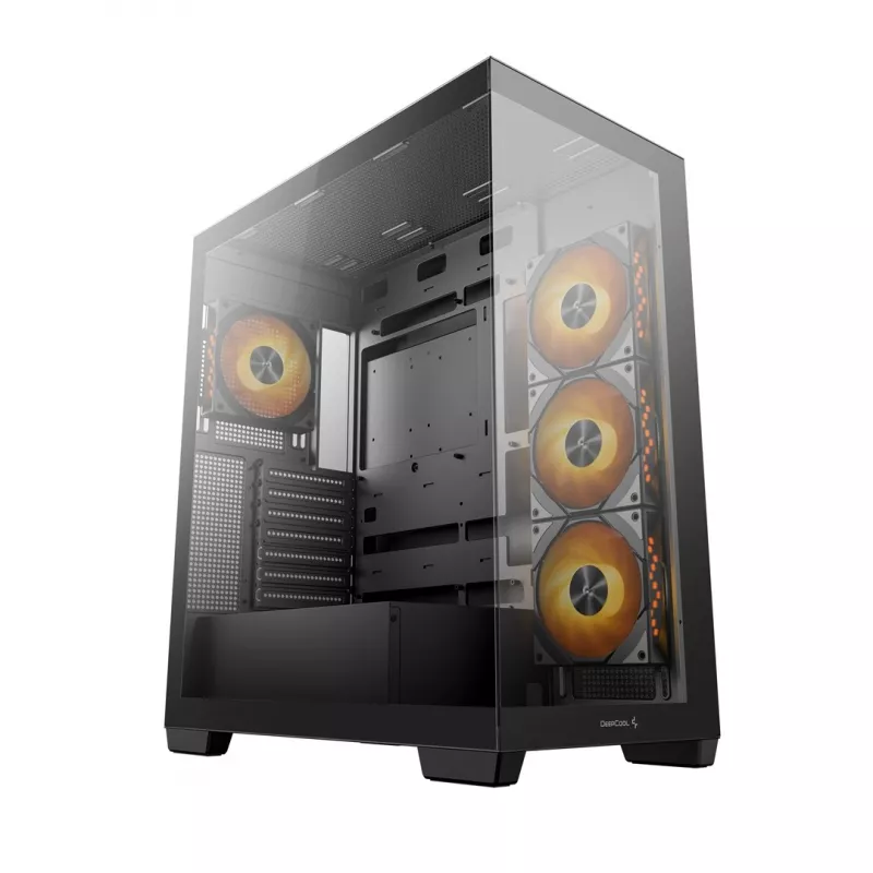 Korpusas DeepCool CG580 4F Midi Tower — ATX/MicroATX/ITX, grūdintas stiklas, 3×120 mm + 1×120 mm ventiliatoriai, 2×3.5 colio ir 2×2.5 colio diskų vietos, USB-A×2 USB-C×1, juodas