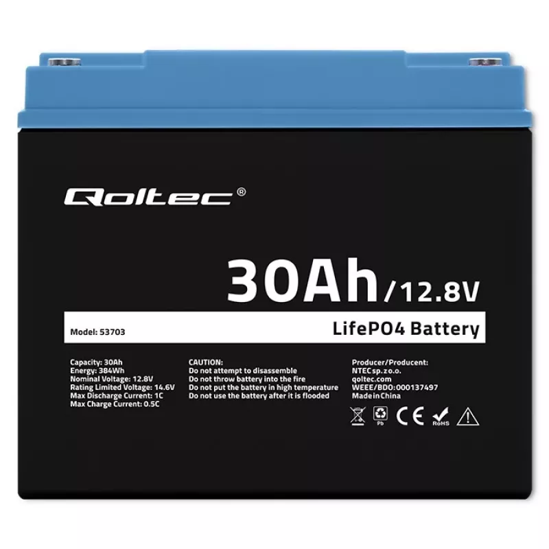 Įkraunama LiFePO4 baterija QOLTEC 12,8V 30Ah 384Wh su BMS