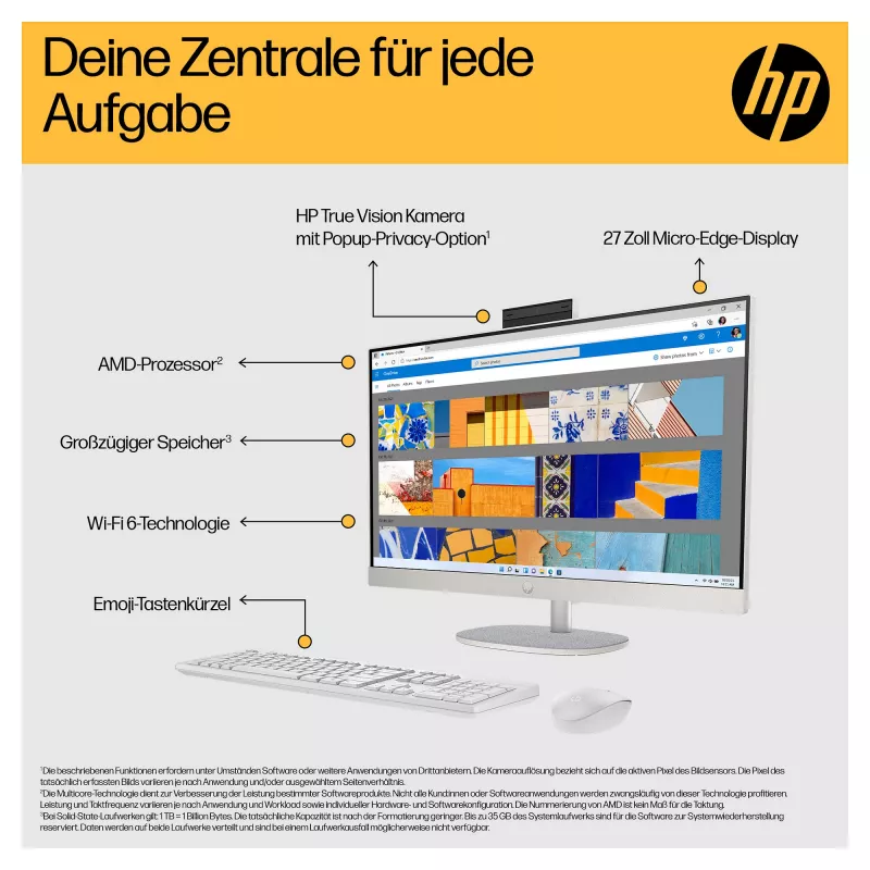 HP 27-cr0471ng All-in-One - Ryzen 7 7730U - RAM 16 GB - SSD 512 GB - NVMe - Radeon Graphics - 1GbE, Wi-Fi 6, Bluetooth