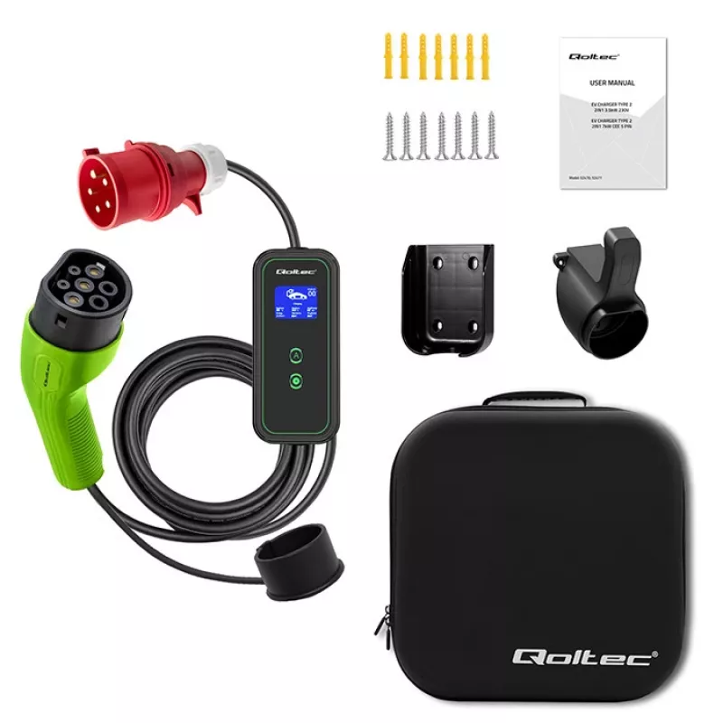 Qoltec Mobile EV Car Charger Adjustable 2in1 Type2 | 11kW | CEE 5 PIN | LCD | 3 fazės | Nešiojamas | Wallbox | 5m