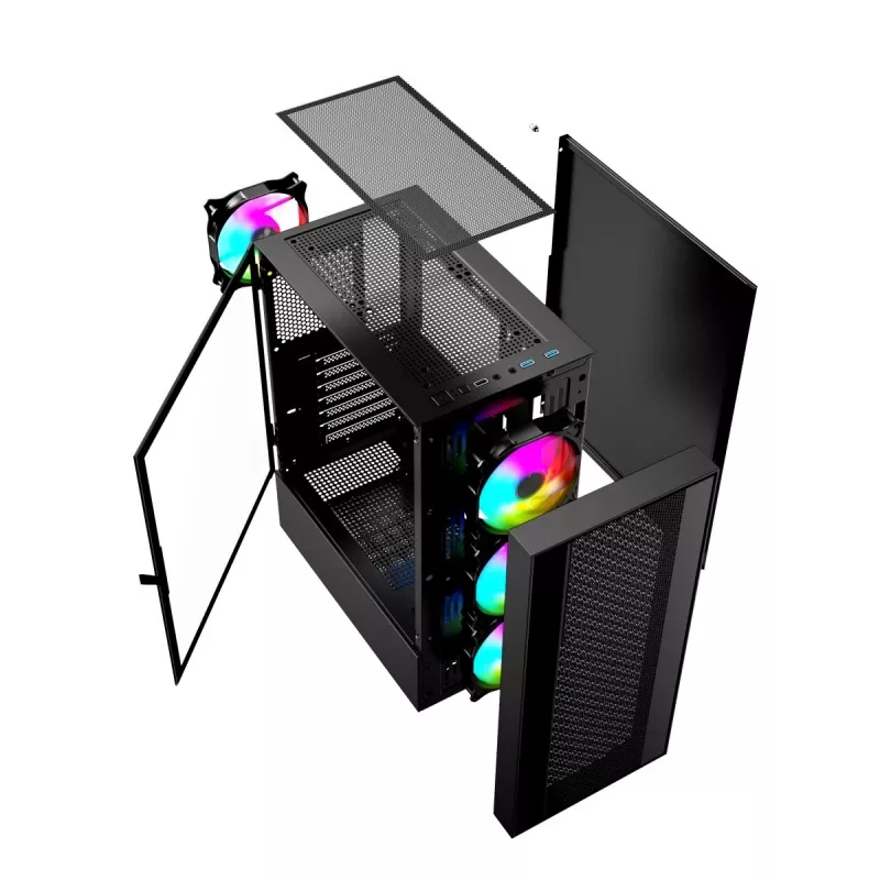 Korpusas GEMBIRD CCC-FC-4000 Midi Tower juodas, grūdintas stiklas, RGB apšvietimas, ATX/Micro-ATX/ITX