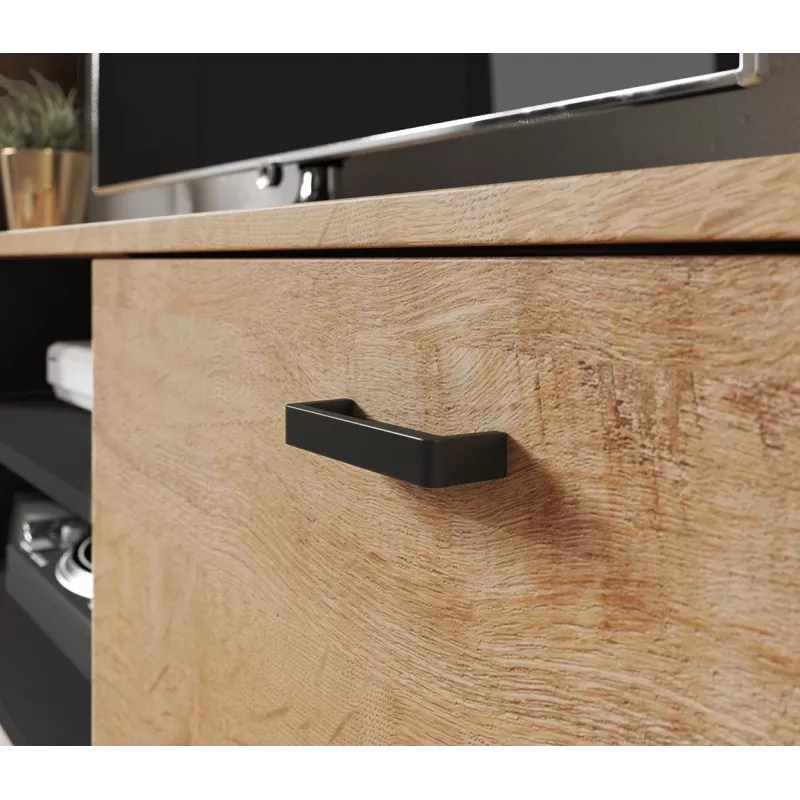 TV stovas Cama Meble SOHO 140, lefkas ąžuolas/juoda, 1400×430×370 mm