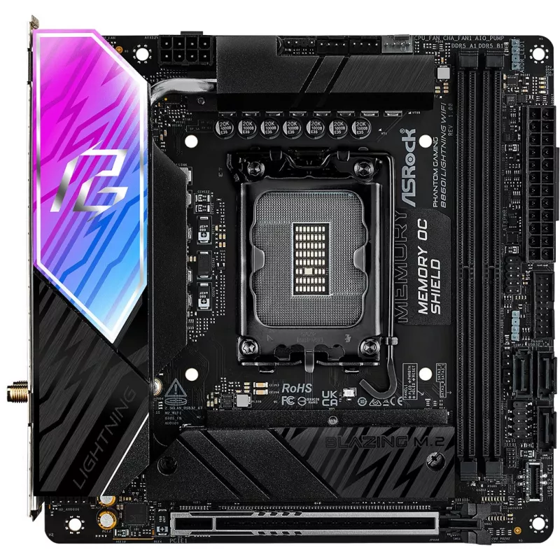 Motininė plokštė ASROCK B860I Lightning WiFi – Intel B860, LGA 1851, Mini-ITX, DDR5, 2x DIMM, 4x M.2, 2.5Gb LAN, Wi‑Fi 6E, Bluetooth 5.3