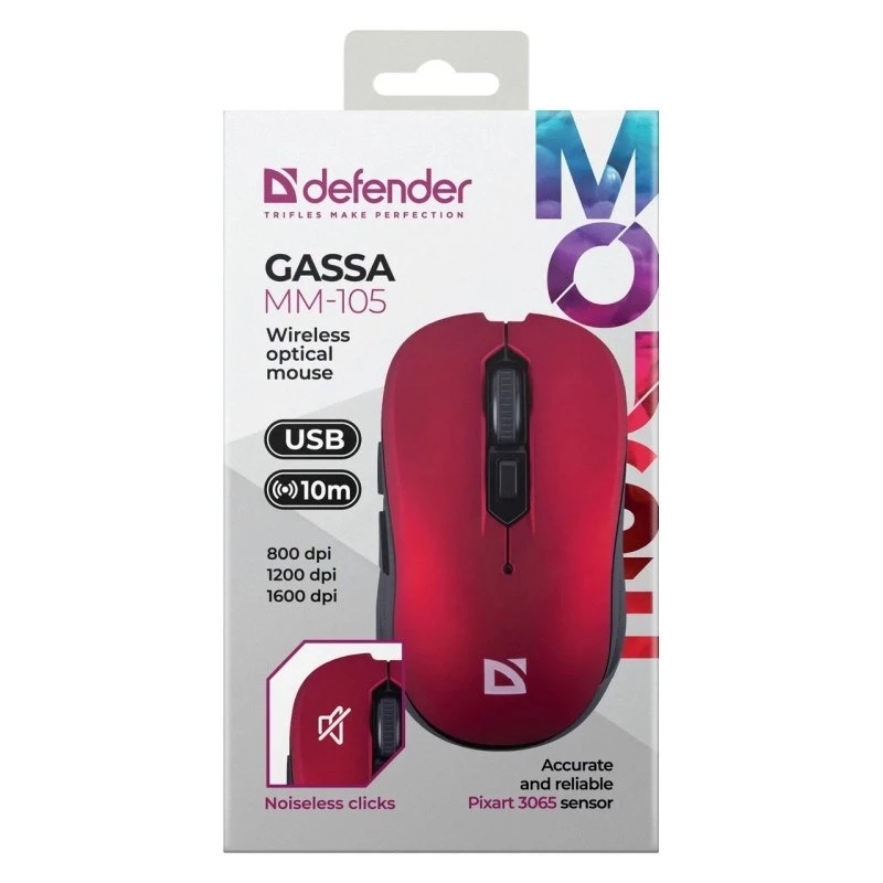 Belaidė RF pelė DEFENDER Gassa MM-105 – ambidekstrinė, 1600 DPI, 2,4 GHz, nano USB imtuvas