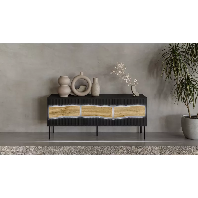 TV spintelė Cama Meble INSERTO 3D 143,5x40x61,5 cm juoda su LED, medžio drožlių plokštės viršus