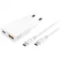 AC vidinis mobiliųjų įrenginių įkroviklis 4smarts 541509 — 100–240V, USB-A + USB-C, 1,5 m laidas, greitas įkrovimas, baltas