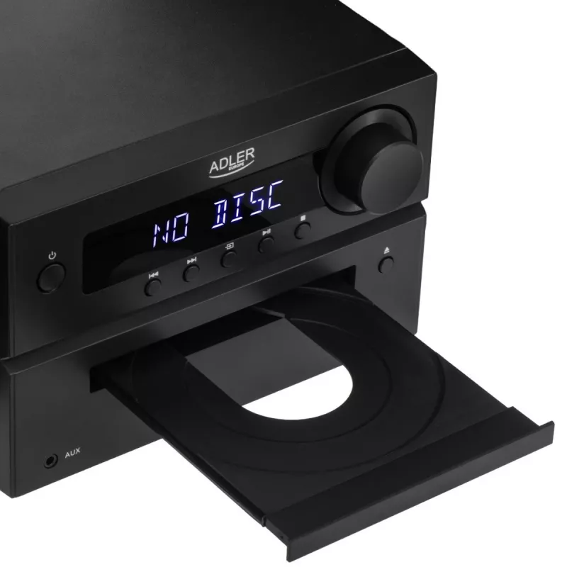 Mini Hi-Fi stereo sistema Adler AD 1917 – Bluetooth 5.3, CD/USB/MP3, 2×25 W RMS, FM imtuvas, 4 juostų ekvalaizeris, AUX, juoda