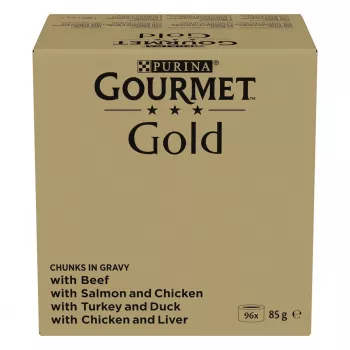 Šlapias kačių ėdalas multipack Purina Nestlé GOURMET Gold gabaliukai padaže – 96 x 85 g, 8,16 kg, 4 skonių mišinys