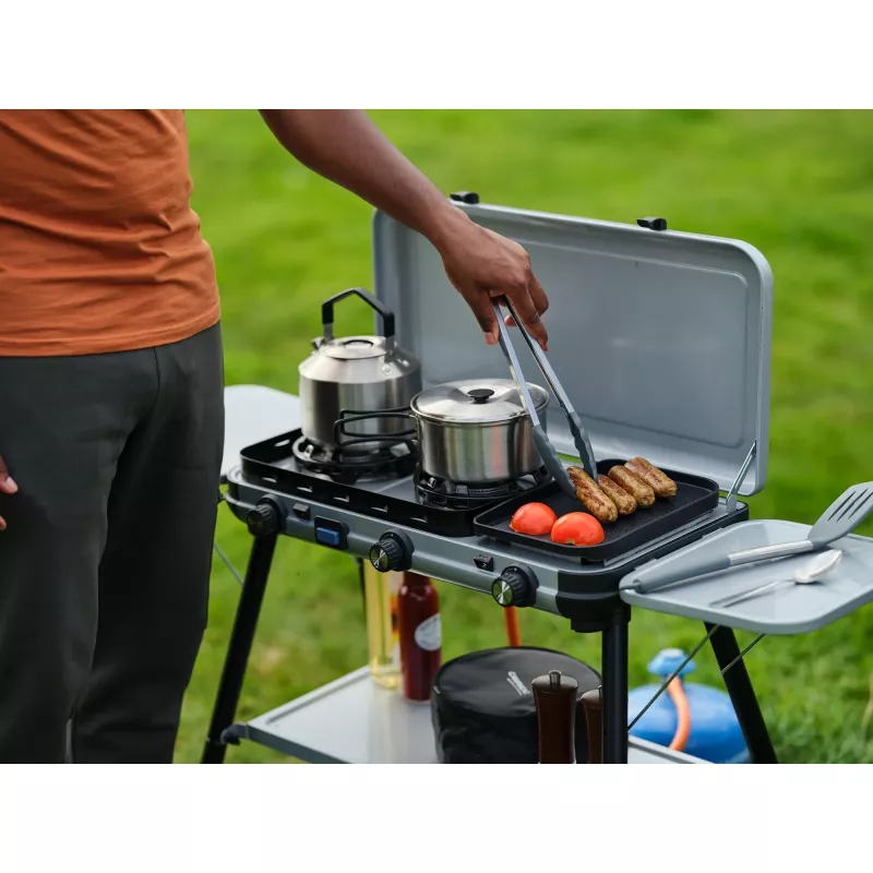 Campingaz Camping Kitchen 2 Multi Cook Plus, dujinė viryklė pilka, 2 kaitvietės 2x 1,8 kW + kepsninė 0,9 kW, modelis 2025