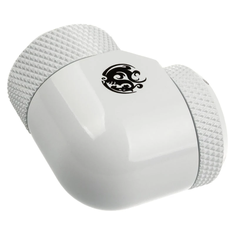 Adapteris 90° G1/4 vyriškas į 14 mm kietą vamzdelį, sukamas – BitsPower BP-DWE90RML14, baltas
