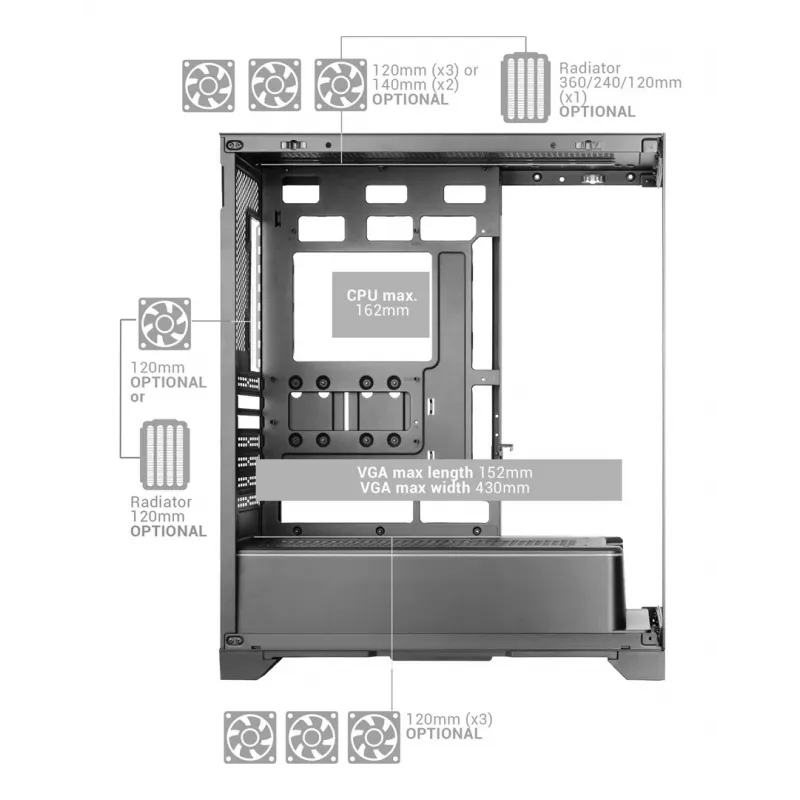TACENS Mars Gaming MCPRISMA Midi Tower PC korpusas, juodas, grūdintas stiklas, ATX/Micro-ATX/Mini-ITX, 2x3,5 colio + 2x2,5 colio lizdai