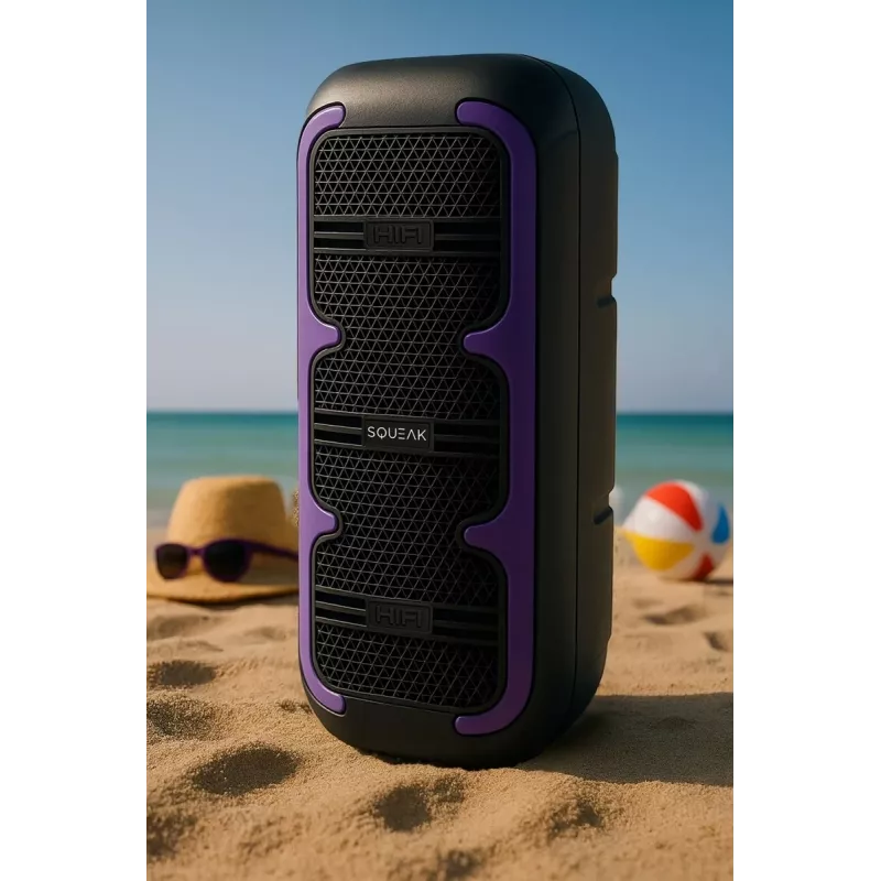 Nešiojamas stereo garsiakalbis SQUEAK SQ1009 – Bluetooth 5.3, 45W RMS, 10h baterija, FM, USB, AUX, LED, 1800 mAh, Juodas