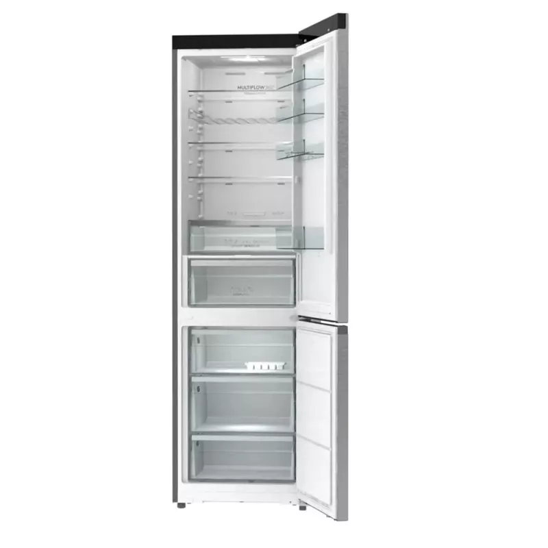 Šaldytuvas su šaldikliu Gorenje NRB620E61X4WFE, laisvai pastatomas, nerūdijantis plienas, bendras tūris 413 L, šaldiklis apačioje 130 L, NoFrost, LED ekranas