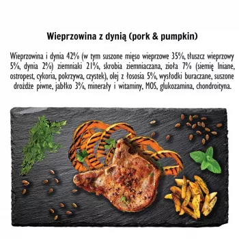 Sausas šunų maistas PAKA ZWIERZAKA Kiauliena su moliūgu L 9 kg — suaugusių didelių veislių priežiūra, vieno baltymo, 29% baltymų, 15% riebalų