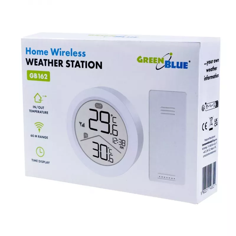 GreenBlue GB162 belaidė orų stotis, vidaus/lauko temperatūra, laikrodis, °C/°F pasirinkimas, nuotolis iki 60 m