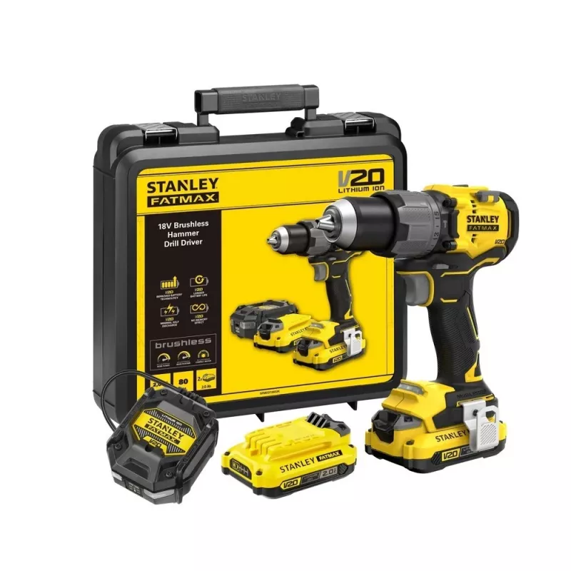 Belaidis gręžtuvas-suktuvas STANLEY FatMax V20 SFMCD726D2K 18V, 2x 2Ah Li-Ion, 80 Nm, 2 greičiai, LED