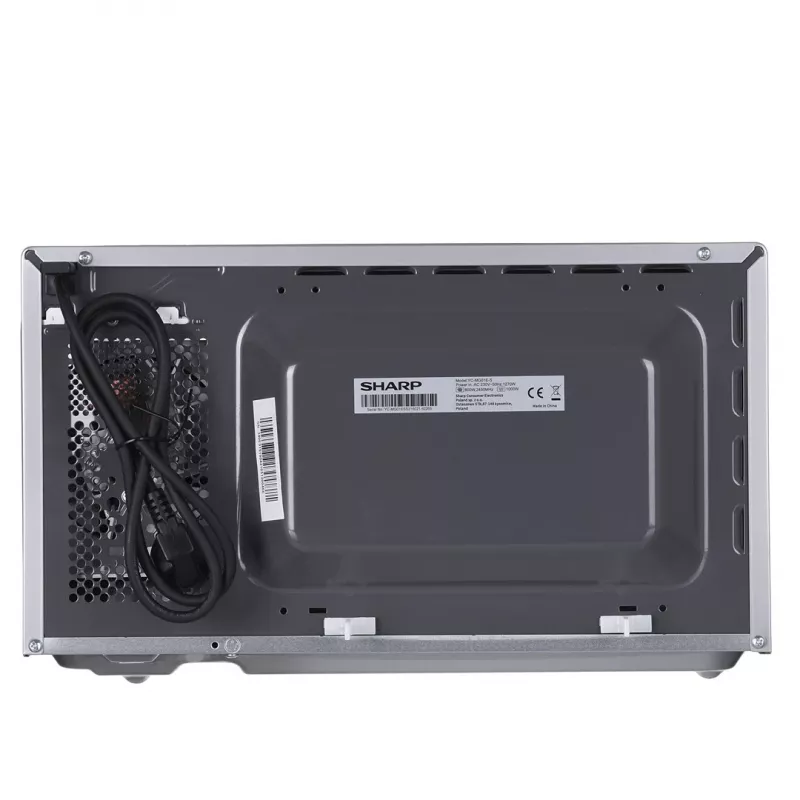 Kombinuota mikrobangų krosnelė Sharp YC-MG01E-S — 20 l, 800 W mikrobangos, 1000 W grilis, 5 galios lygiai, sukamasis valdiklis, 25,5 cm padėklas