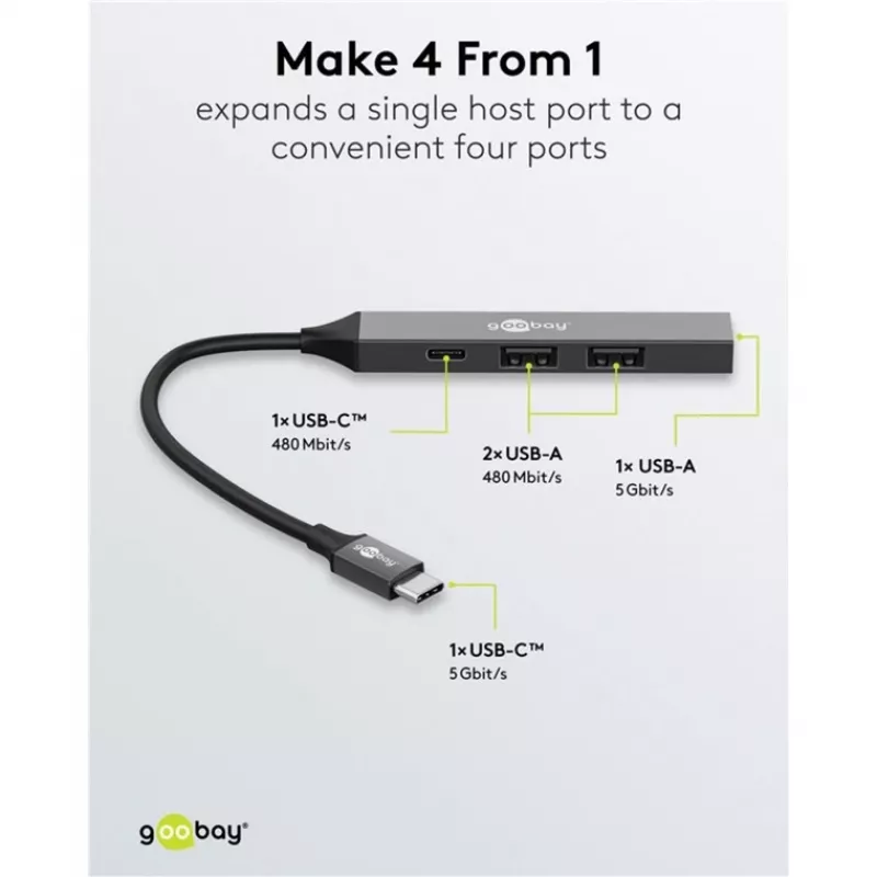Goobay Slim 4-Port USB-Hub, USB-C™ į USB-C™/USB-A, USB 3.2 (74459)