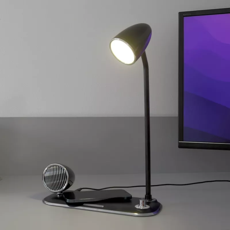 Stalinė lempa Tellur TLL151361 su belaidžiu Qi įkrovikliu ir Bluetooth garsiakalbiu, reguliuojamu apšvietimu