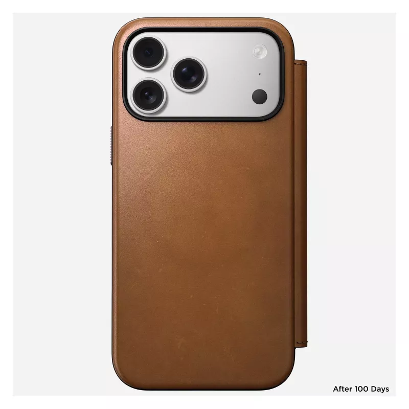 Nomad Modern Leather Folio dėklas iPhone 17 Pro Max – Tan (rudas), tinka iki 17,5 cm (6,9 colio) ekranui, 4 kortelių kišenės