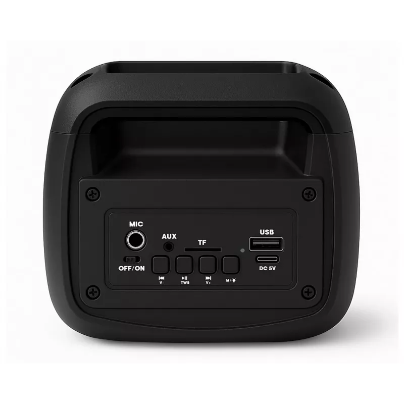 Nešiojamas stereo garsiakalbis SQUEAK SQ1009 – Bluetooth 5.3, 45W RMS, 10h baterija, FM, USB, AUX, LED, 1800 mAh, Juodas