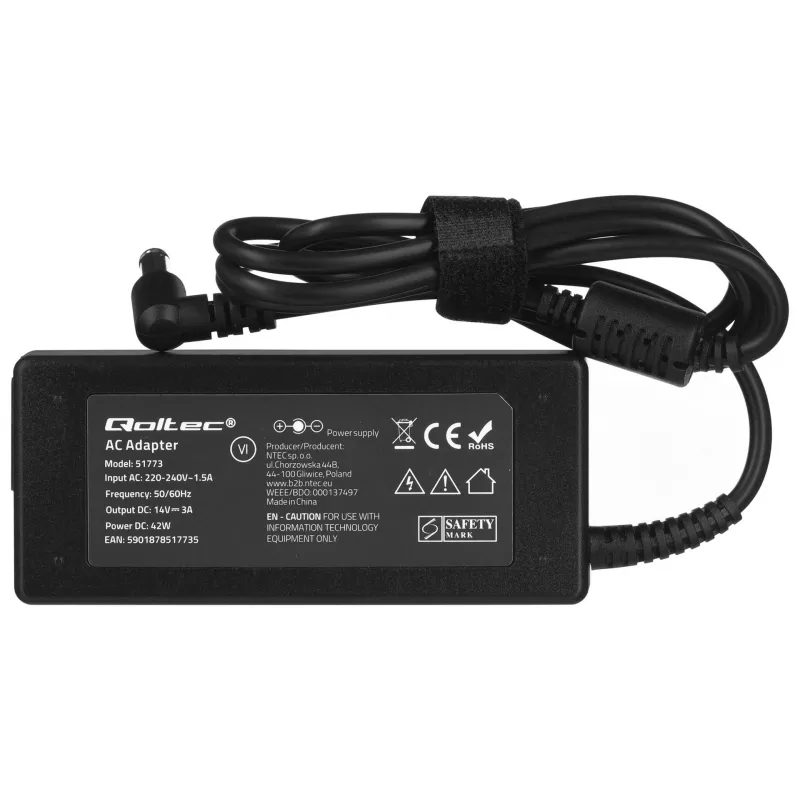 Qoltec 51773 kintamosios srovės maitinimo adapteris Samsung monitoriams, 42 W, 14 V 3 A, 6,5x4,4 mm kištukas, įėjimas 220–240 V 50/60 Hz