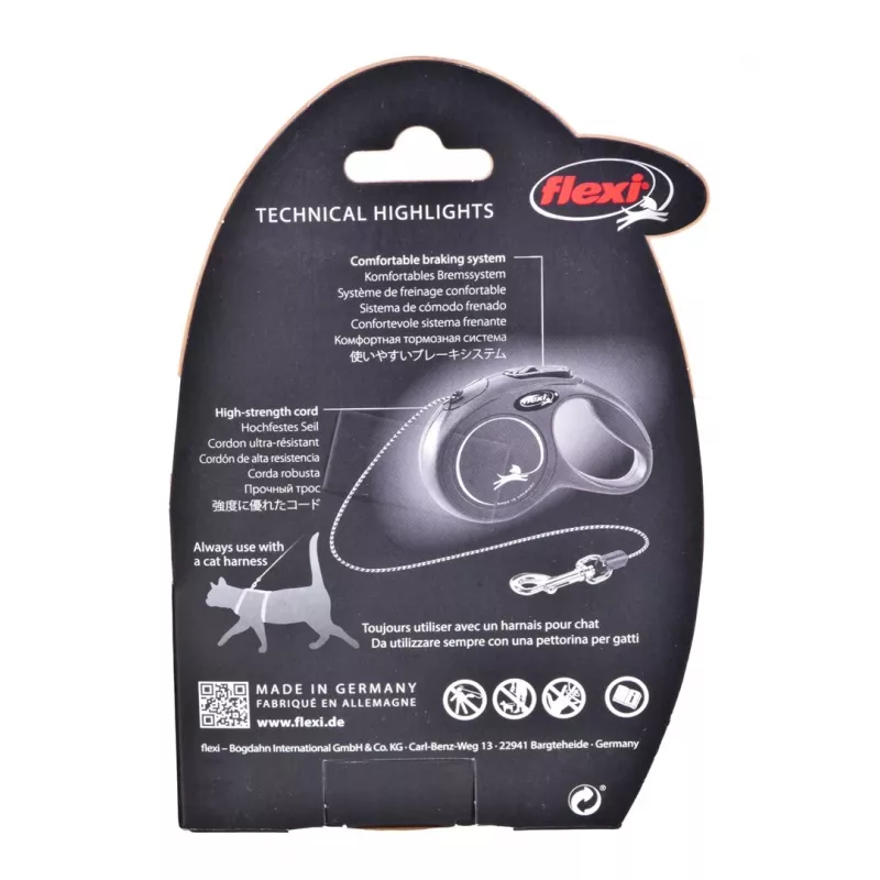 Flexi New Classic Cat XS 3 m – atsitraukiamas pavadėlis su virvele mažiems augintiniams, juodas, maks. apkrova 8 kg