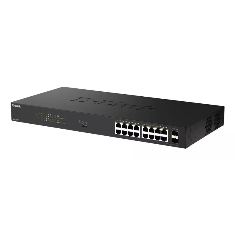 D-Link 18 prievadų nevaldomas Gigabit PoE jungiklis DGS-1018P/E — 16 x Gigabit RJ-45, PoE (IEEE 802.3af/at), 36 Gbit/s perjungimo talpa