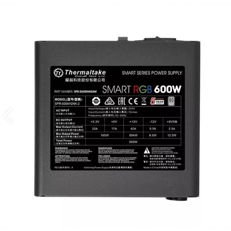 Termaltake SMART RGB PS-SPR-0600NHSAWE-1 - Maitinimo blokas (vidinis) - ATX12V 2.3 - 80 PLUS - AC 230 V - 600 W - aktyvus PFC - Juoda