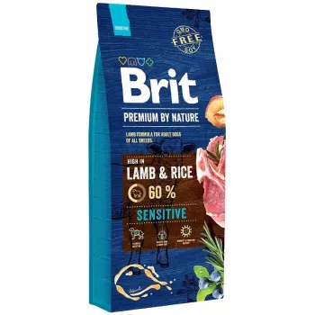 Sausas šunų ėdalas Brit Premium by Nature Sensitive Lamb 15 kg, ėriena ir ryžiai, 27% baltymų, 14% riebalų, suaugusiems šunims su jautriu skrandžiu
