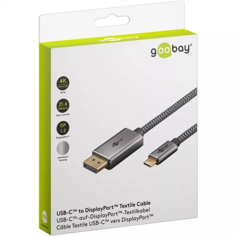 USB adapterio laidas, USB-C kištukas > DisplayPort kištukas, 4K 60Hz (juodas/sidabrinis, 1 metras, pintas laidas)